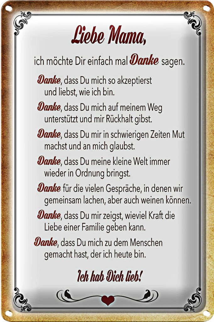 Blechschild Spruch 20x30cm liebe Mama Ich hab dich lieb