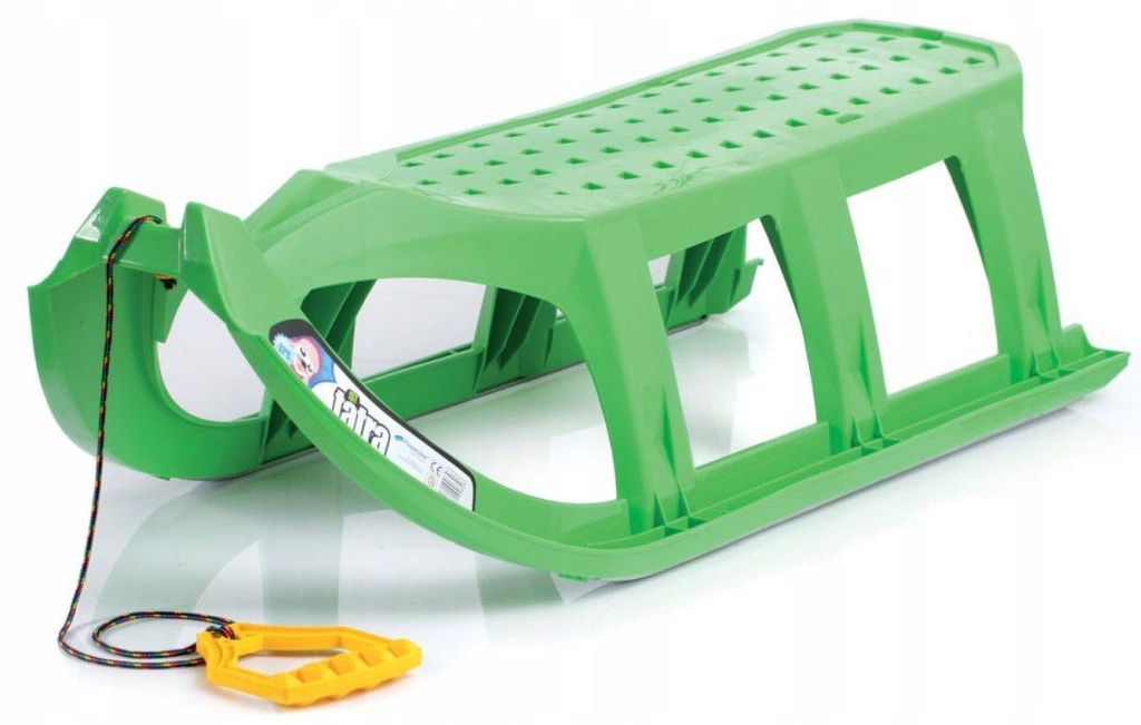 A green plastic sled with a yellow handle and rope, shown on a white background.
