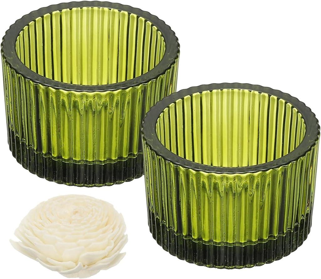 Set mit 2 runden, gerippten Glaskerzenhaltern für Tischdekorationen, Wohnaccessoires und Partyartikel (grün)