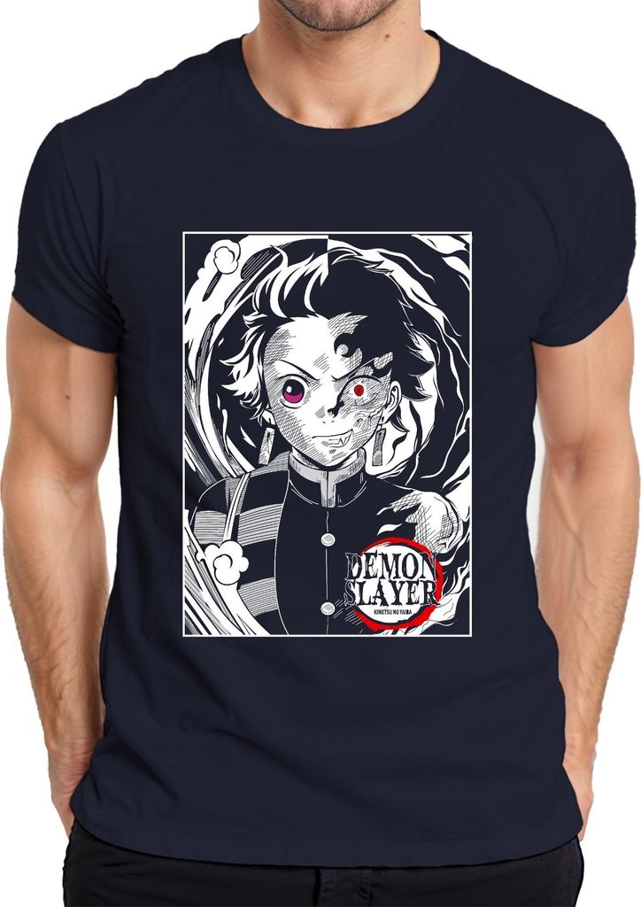 Demon Slayer Tanjiro halbverbrannt Kimetsu no Yaiba Anime Herren T-Shirt, Navy, 3XL