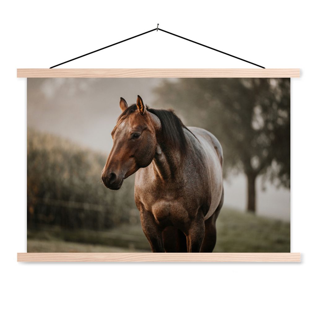 MuchoWow Textilposter Pferd - Licht - Wald 60x40 cm mit holzfarbenen Rahmen - Bilder
