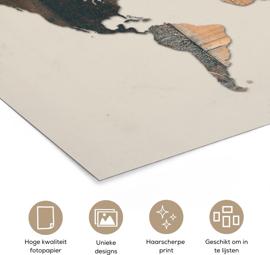 MuchoWow Poster Weltkarte - Holz - Beige 120x80 cm - Bilder