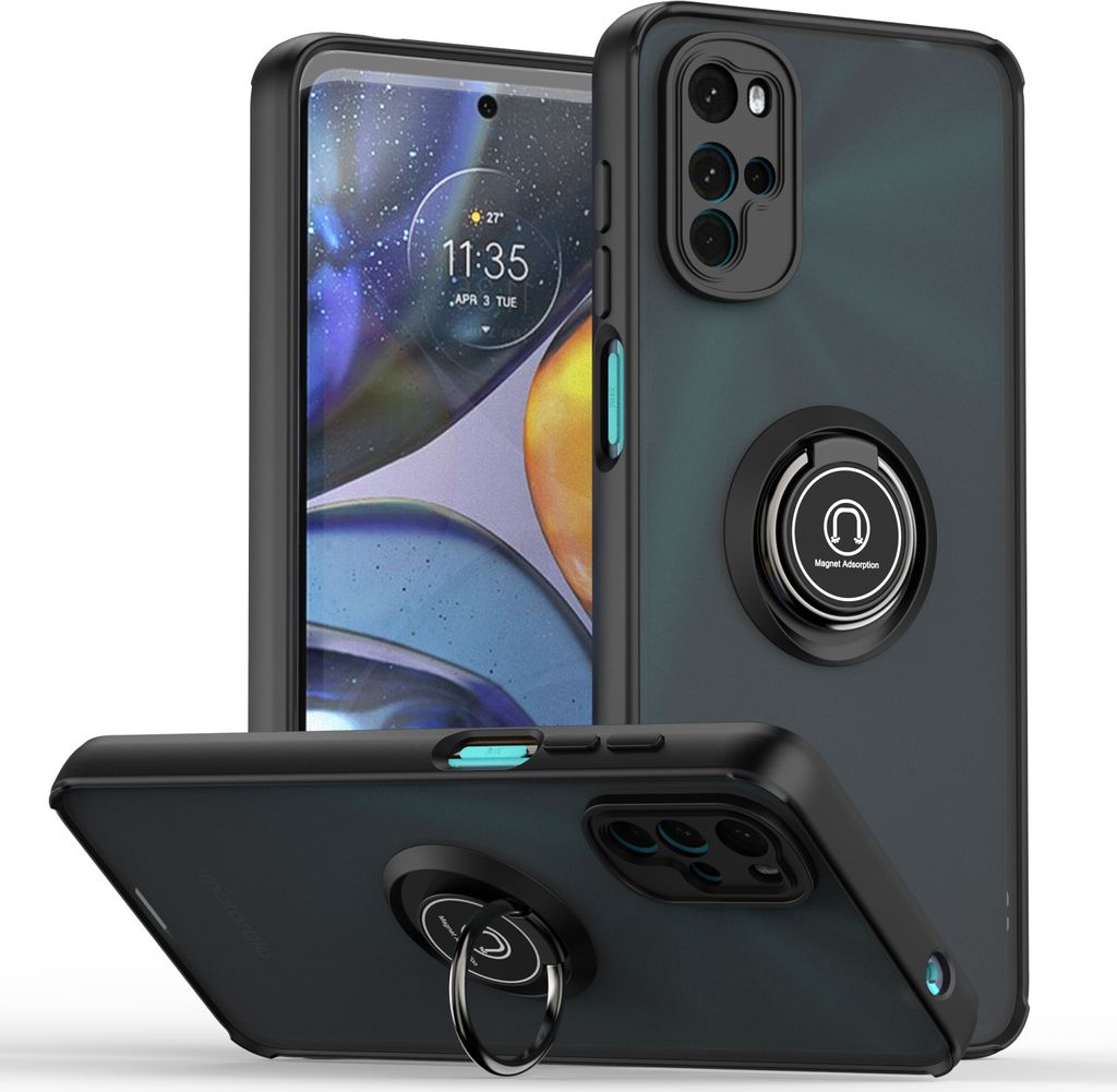 A black phone case with a ring holder is displayed from multiple angles against a white background.