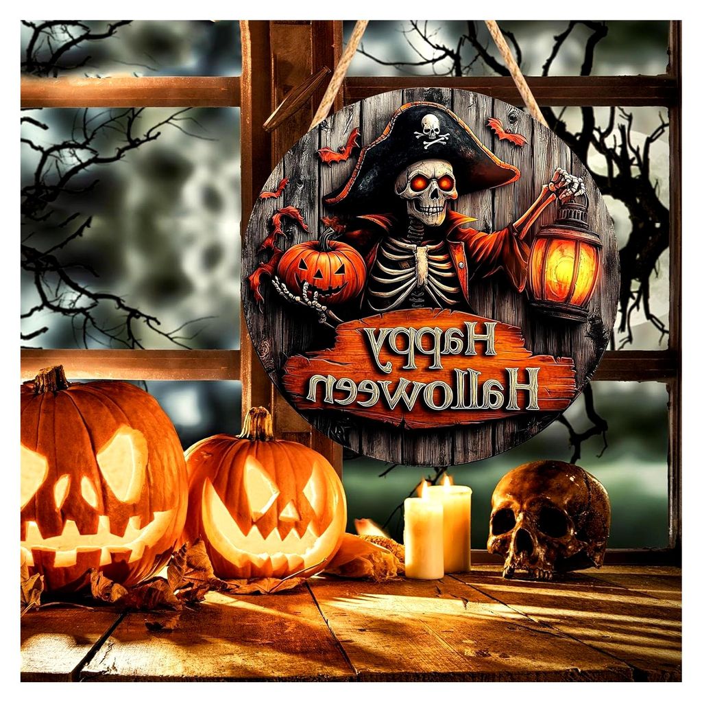 Halloween - Türschild aus Holz - 2D Hängend | Piratenkapitän Spukhaus Kürbis Geist Zeichen | Gruselige Festdekoration für Garten, Wohnraum, Ka...