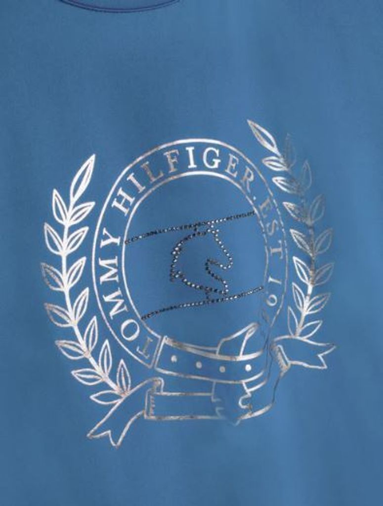 Tommy Hilfiger Performance Crest Strass T-Shirt Damen BLUE COAST FS 2023, Größe:XL