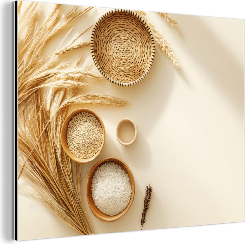 MuchoWow Wanddekoration Metall Metallbild Wandkunst 40x30 cm Müsli - Holz - Schale - Beige MuchoWow Aluminium Gemälde - Dekoration Wohnzimmer