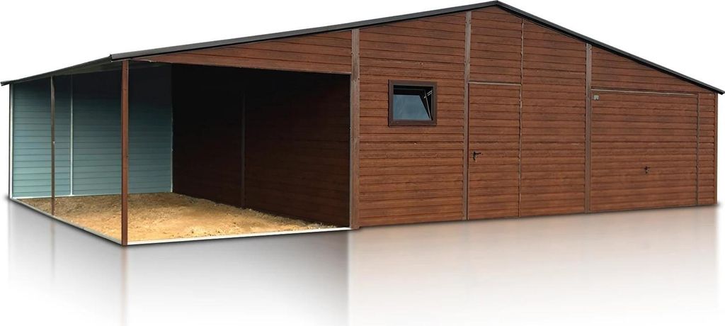 Fertiggarage für zwei Autos 8x7 m mit Carport 3 m Holzoptik
