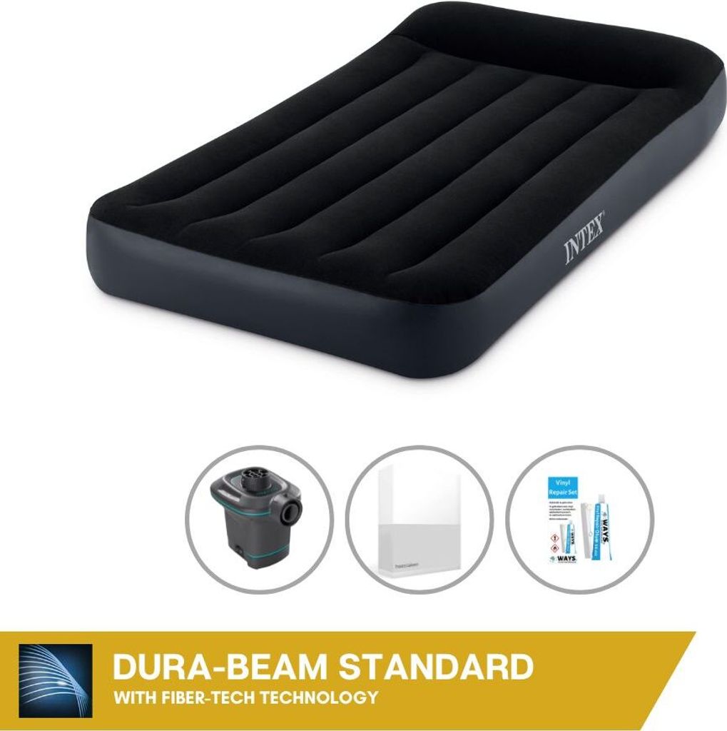Intex Luftbett - 1 Person - 99 x 191 x 25 cm - Schwarz + Intex Elektropumpe - 650 Liter/Min + Spannbettlaken Weiß + Reperaturset