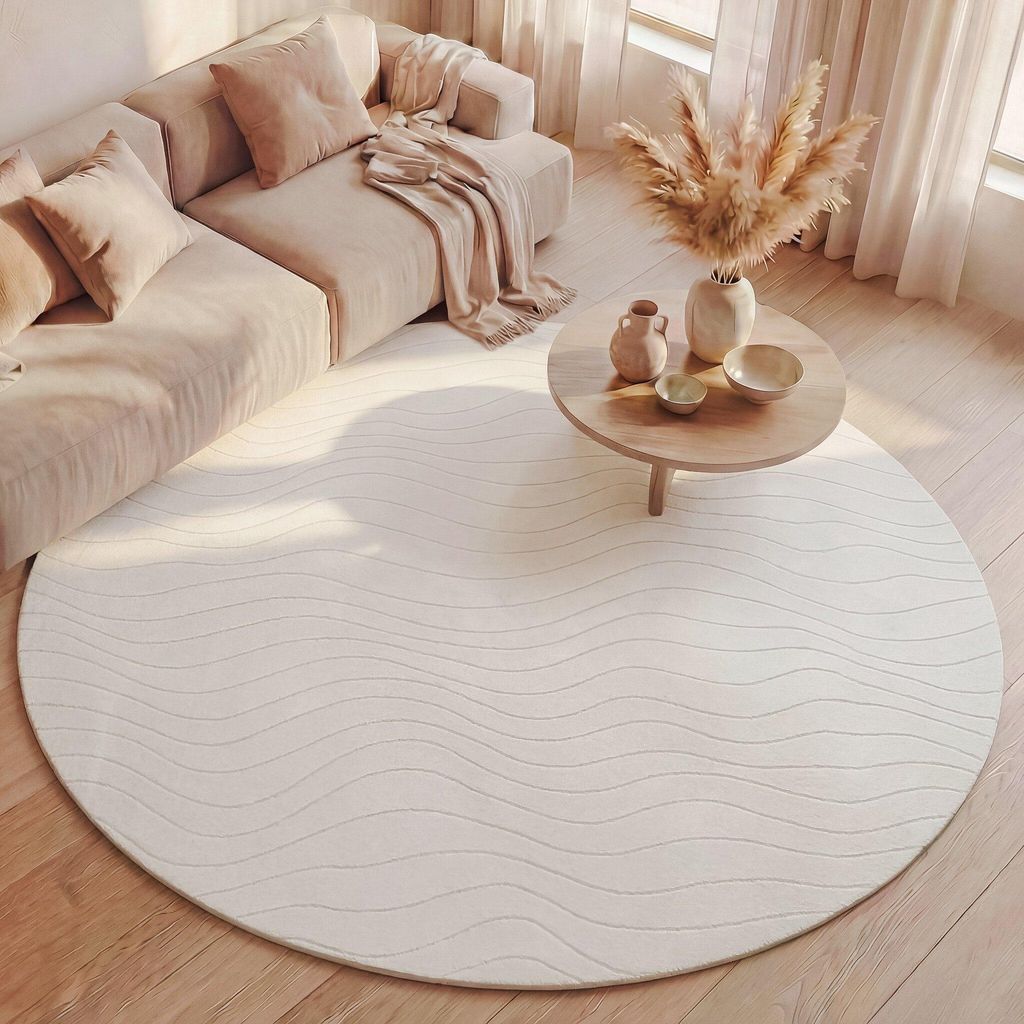 Volero - Runder Teppich Wohnzimmer - Charm Waves Weiß - Ø 230 cm - Wohnzimmer, Schlafzimmer - Modern, Skandinavisch