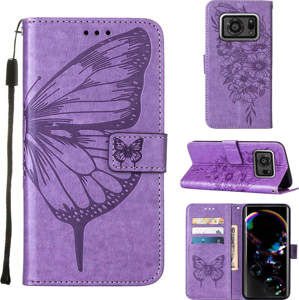 Sharp Aquos R6 Hülle, Schmetterling Prägung Flip Leder Kartenfächer Schutzhülle Ledertasche mit Ständer für Sharp Aquos R6 Violett