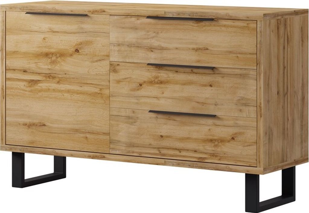 Furniture24 Kommode Halle 47 Wohnzimmerschrank, Merzwerschrank, Sideboard mit 1 Tür und 3 Schubladen, Wotan Eiche Nachbildung