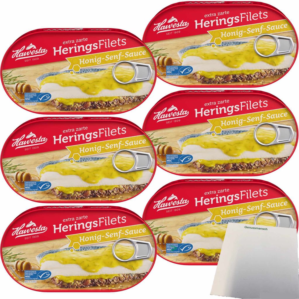 Hawesta Heringsfilets extra zart in Honig-Senf-Creme MSC 6er Pack (6x190g Dose) + usy Block
