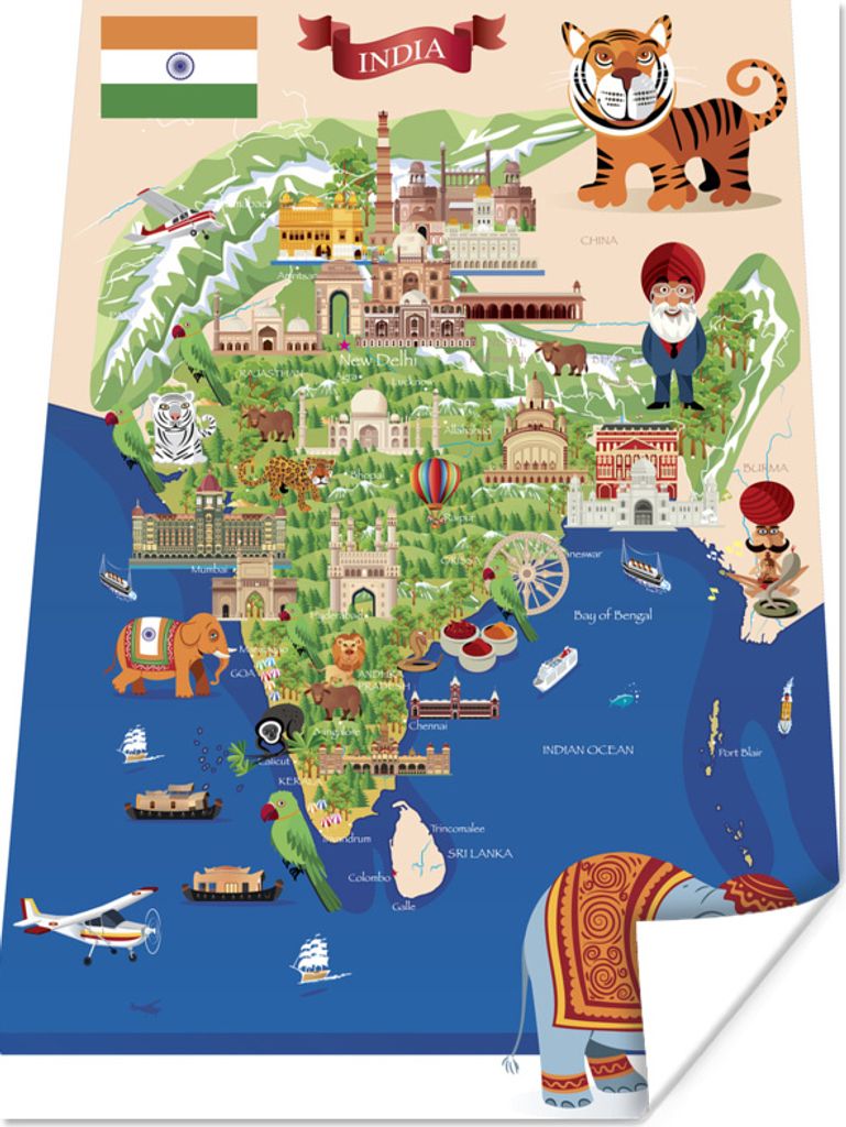 MuchoWow Poster Illustration der Karte von Indien im Cartoon-Stil 90x120 cm - Wohnzimmer