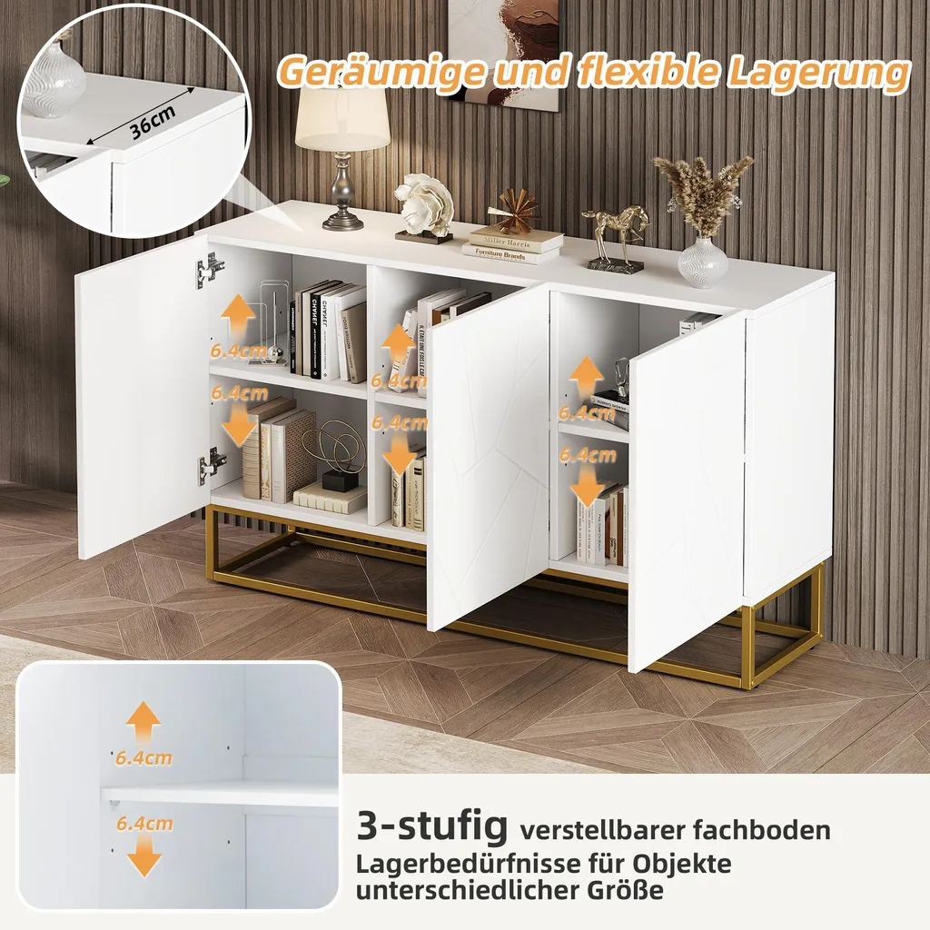 Buffet Blanc Haute Brillance 130 cm - Aspect Cannelé et Structure Métal - 5