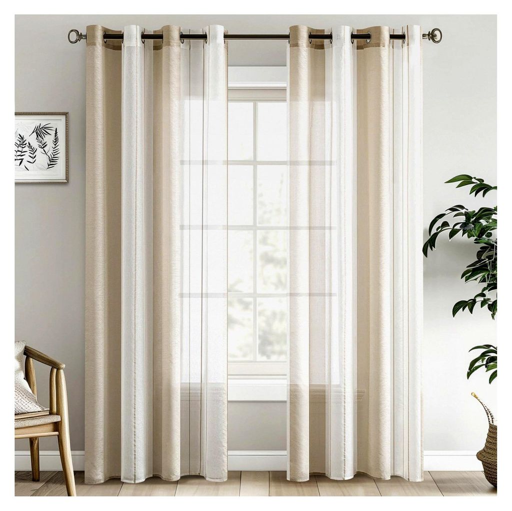 Beige-Weiße Vorhänge mit Ösen im Streifen-Design, halbtransparent, 140x225cm, 2er Set