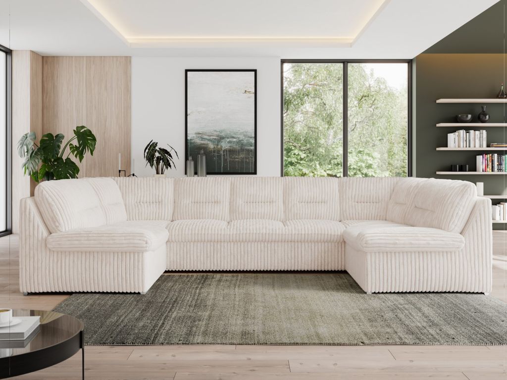 Sofa XXL U-Form Beige, Wohnlandschaft U Form mit Schlaffunktion, Sofa mit Schlaffunktion, Schlafsofa, Wohnzimmer Couch mit schlaffunktion - Morbido...