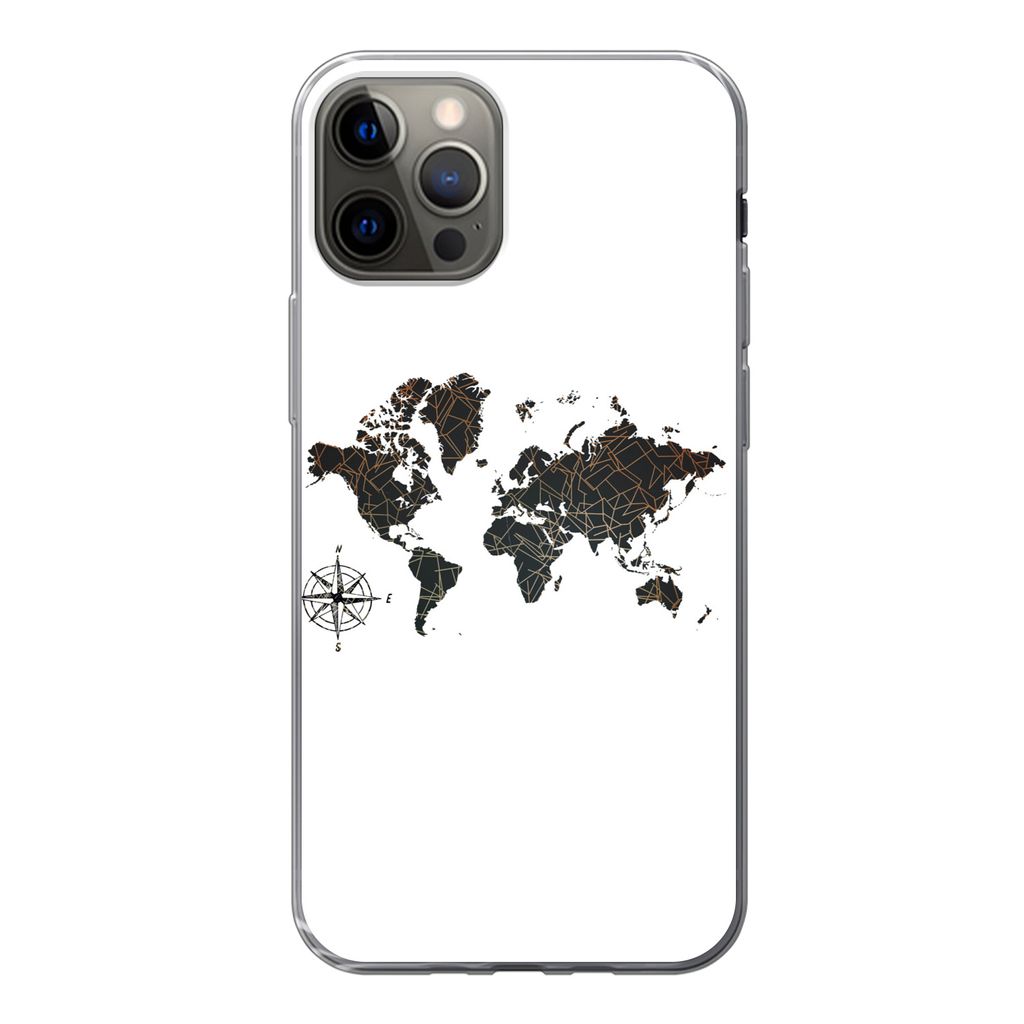 MuchoWow Handyhülle Schutzhülle Hülle für iPhone 12 Pro Weltkarte - Gold - Schwarz - Windrose Silikon Softcase Handy Hülle - Abdeckung