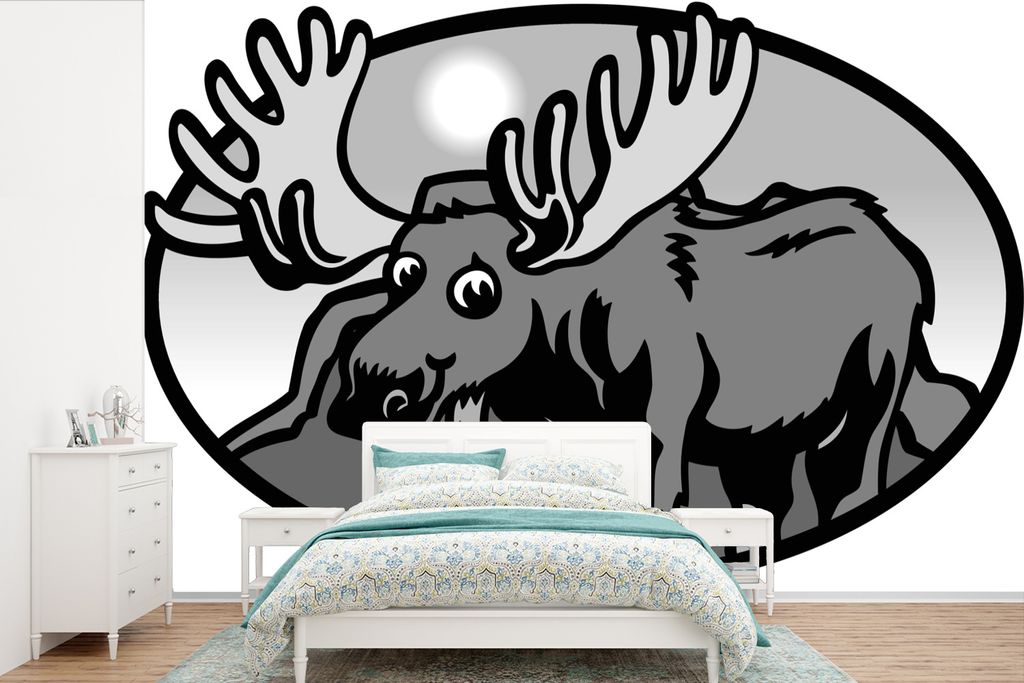 MuchoWow Fototapete für Wohnzimmer oder Schlafzimmer Wandtapete Vinyl Motivtapete Eine Illustration eines Elchs in einem schwarzen Kreis - schwa...