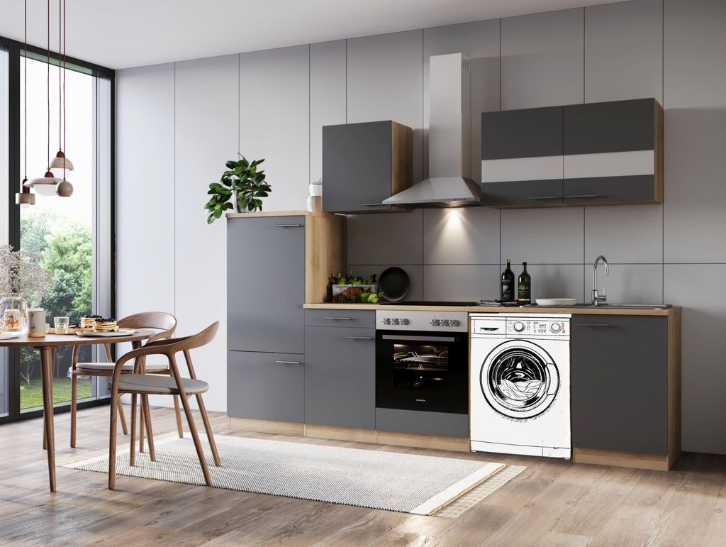 Küche Küchenzeile für Unterbau Waschmaschine Eiche Grau Merle 280 cm Respekta