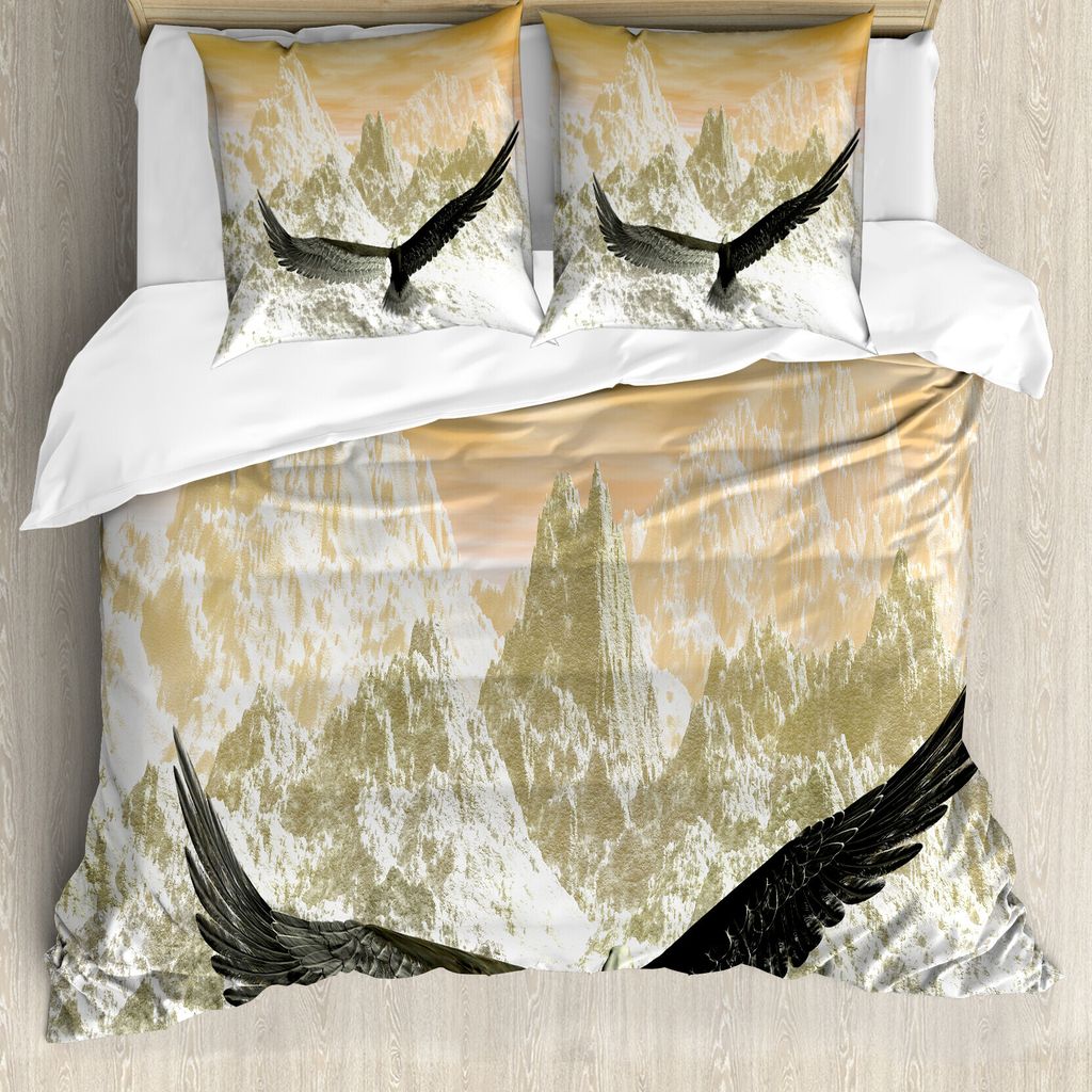 ABAKUHAUS Vögel Bettbezug, Flying Eagle Mountains, Milbensicher Allergiker geeignet mit Kissenbezügen, 155 cm x 220 cm - 80 x 80 cm, Orange Olive