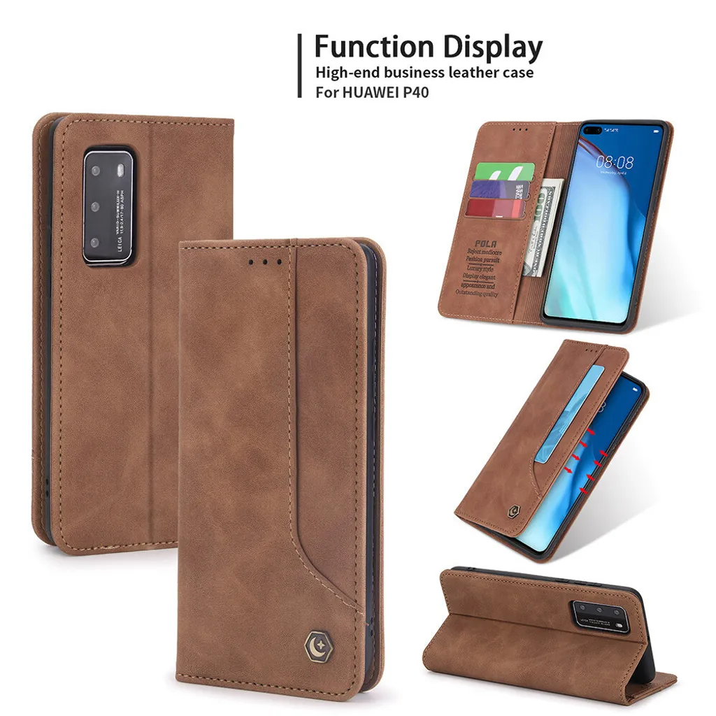 Cover Portafoglio Huawei P40 Marrone: Design Sottile in Pelle Sintetica