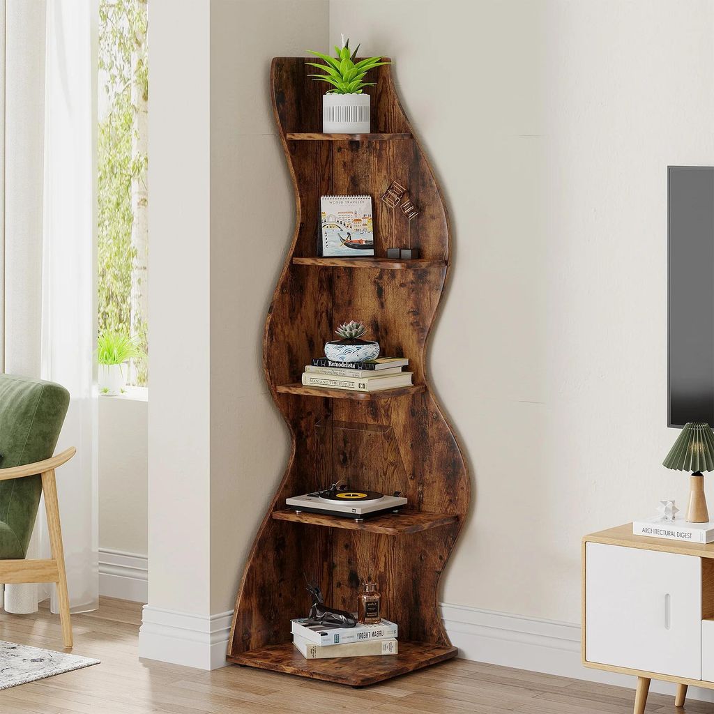 Wellenförmiges Eckregal - Bücherregal/Pflanzenständer - 5 Ebenen - Freistehend - Postmodernes Design - Größe L - Königsblau