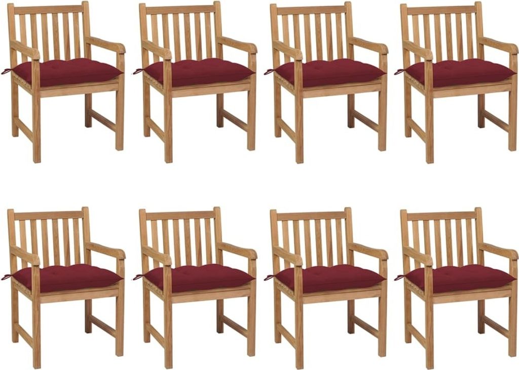 Gartenstühle 8 Stk. mit Weinroten Kissen Massivholz Teak Produktbild 