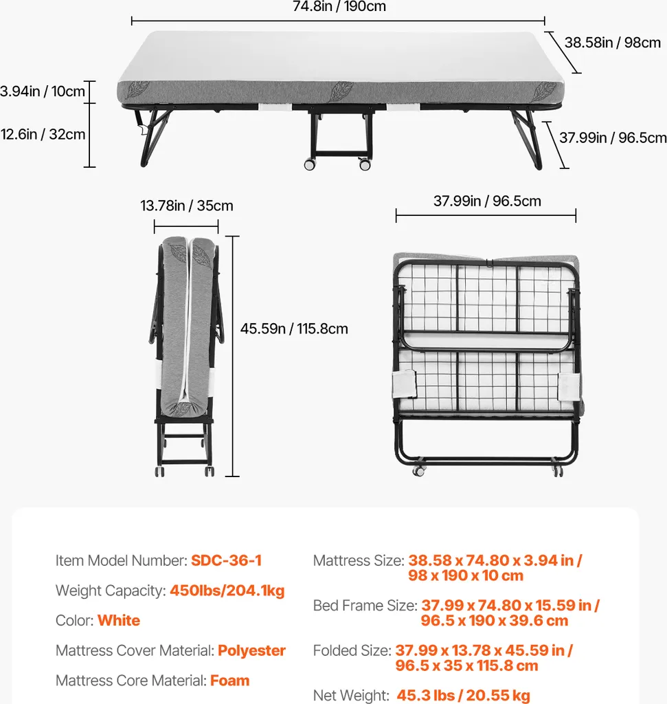 Lit pliant robuste 204kg avec matelas mémoire de forme haute densité - 7