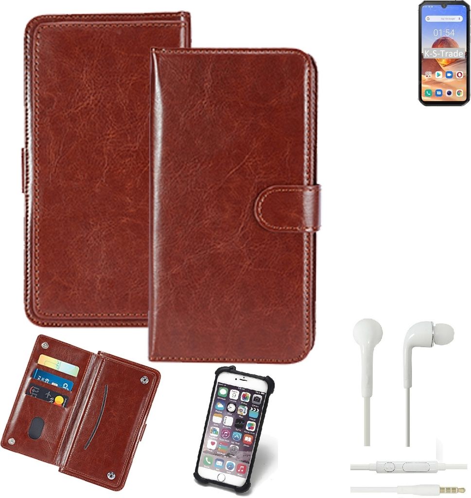 K-S-Trade 360° Hülle kompatibel mit Blackview BV9900E inkl. Headphones braun Kunstleder Case BookCase WalletCase Kunstlederederhülle Handyhülle,