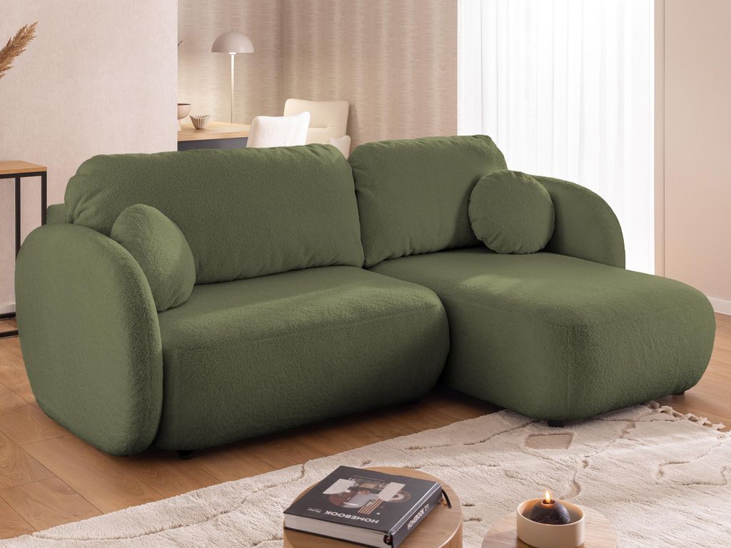Candy - Modernes Ecksofa L-Form mit Schlaffunktion und Stauraum aus Grün Bouclé-Stoff mit abgerundetem Design und hohem Sitzkomfort