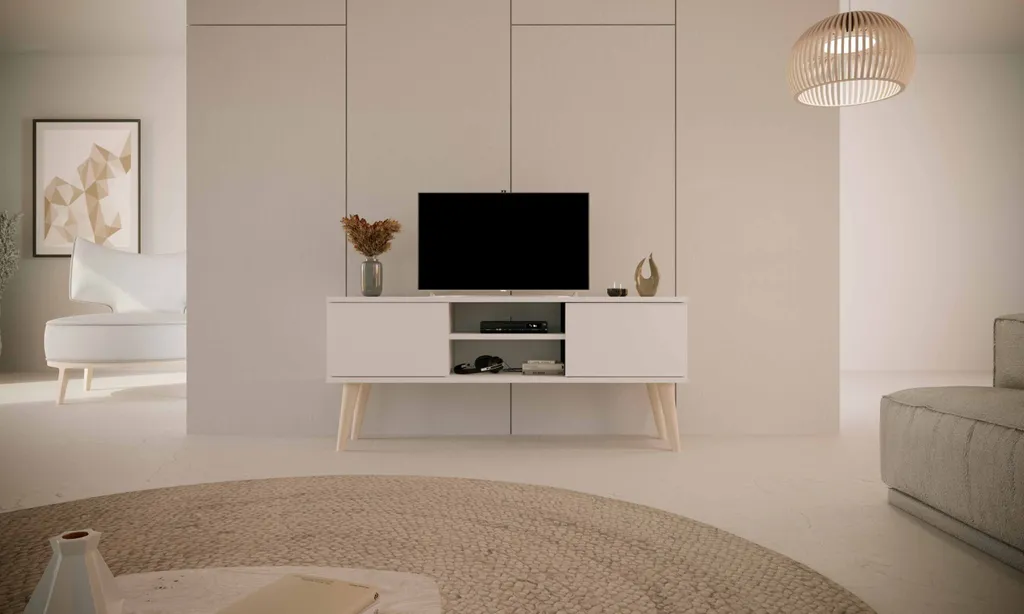 Banc TV blanc 120 cm au design scandinave moderne pour salon tendance