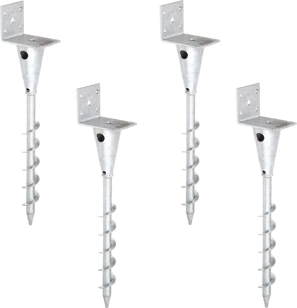 Four galvanized L-shaped post anchors with screw bases are arranged in a grid against a white background.