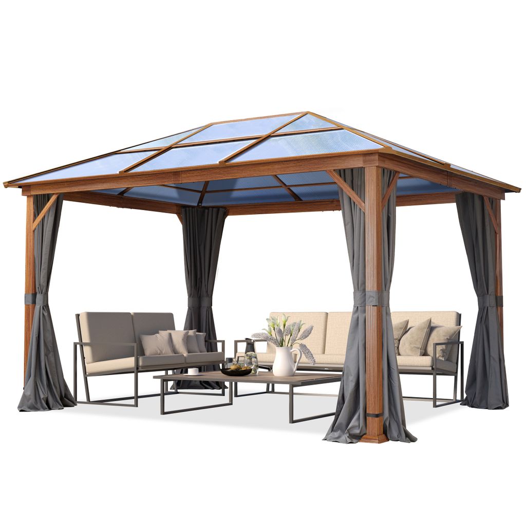 Gartenpavillon 3x4 m Holzoptik, ca 8 mm Polycarbonat-Dach, 4 Seitenteile in grau