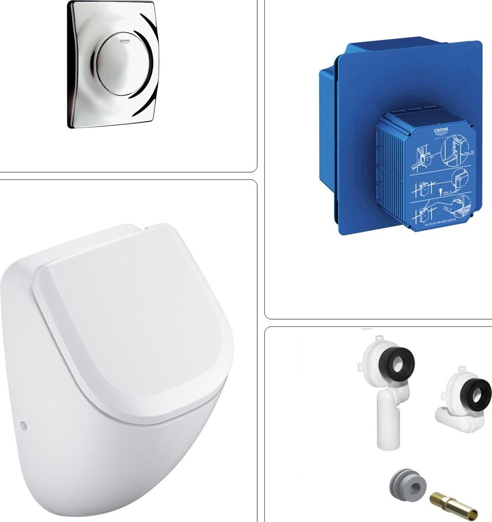 VIGOUR DERBY Urinal Pissoir spülrandlos mit SoftClose Deckel, Grohe Unterputz-Druckspüler und Betätigungsplatte, glanz chrom