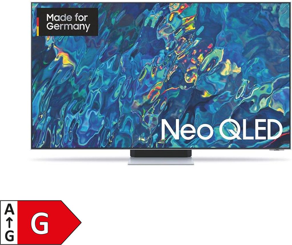 A Samsung Neo QLED 4K TV is displayed on a white background, with an energy efficiency label in the bottom left corner.