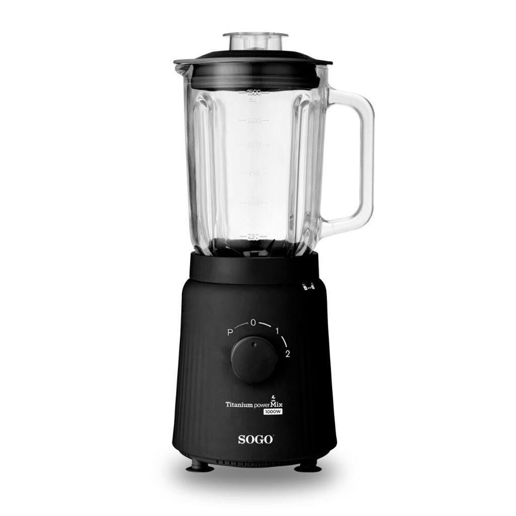 SOGO Mixer mit Glasbehälter 1,5 Liter, Titanmesser, 2 Geschwindigkeiten mit Pulsfunktion, Eiscrusher, Smoothie-Mixer, 1000W, Schwarz