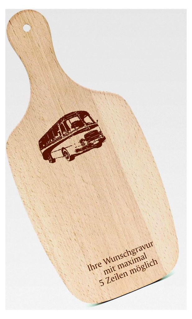 Schneidebrett Frühstücksbrettchen mit Gravur - alter Bus - mit Griff 330x150 Holzbrett Küche