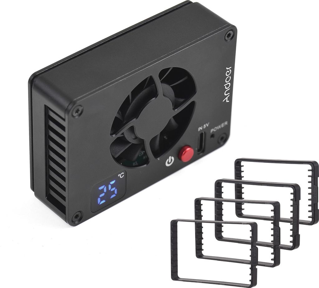 Andoer FS-04A Kamera-Luefter, externes Kuehlsystem mit Temperatureinstellung, OLED-Display, 4 Stueck Montageadapterplatten fuer Sony A7M4/ZVE1/A670...