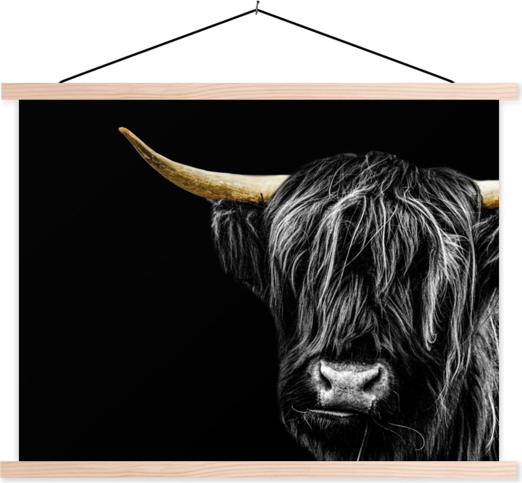 MuchoWow Textilposter Schottisches Hochlandrind - Kühe - Horn - Gold 120x90 cm mit holzfarbenen Rahmen - Magnetisch