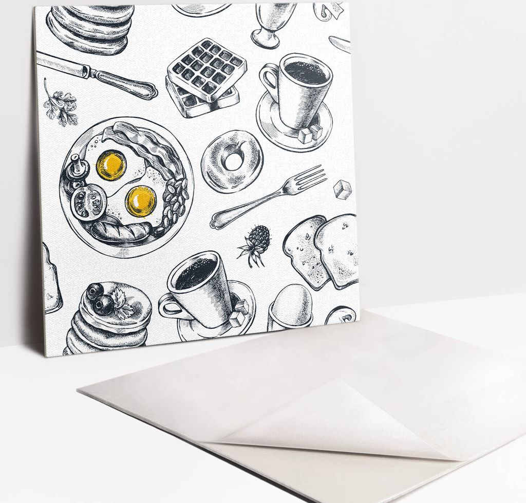 Fliesenaufkleber Set - 9 Stück Selbstklebende PVC Fliesen-Designs - Für Bad und Küche 30 x 30 - Schwarz -Weiß -Frühstück