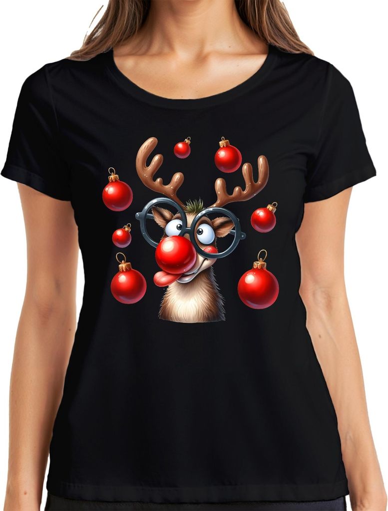 Lustiges Rentier Rudolph Rote Nase Brille Weihnachtskugeln Damen T-Shirt, Schwarz, L