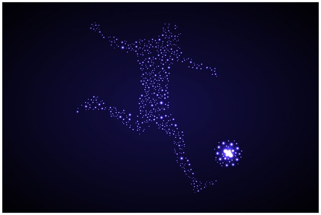 Wallario Premium Glasbild, freischwebende Optik, kräftige Farben, Größe 90 x 60 cm Motiv Fußball - ein Spieler aus tausend Sternen in blau