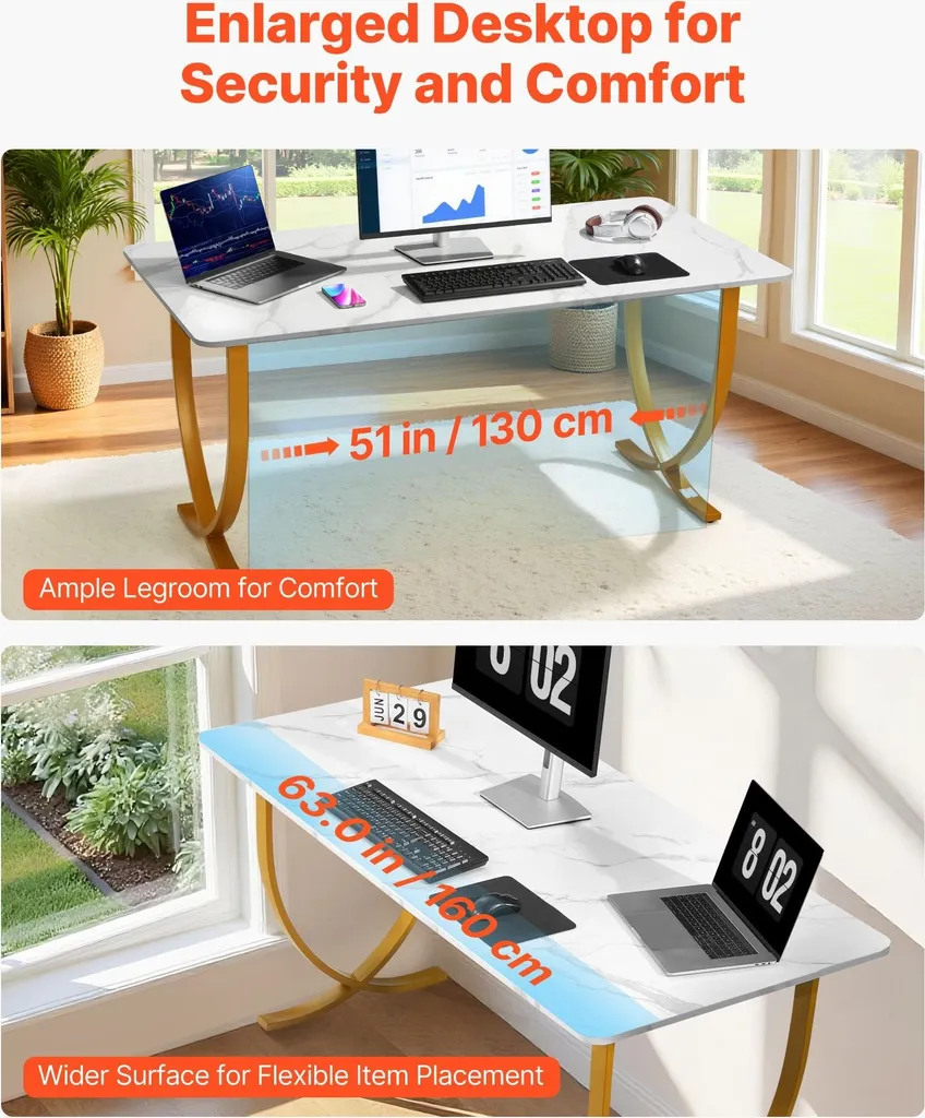 Bureau informatique blanc et or 160x80 cm avec structure robuste en métal