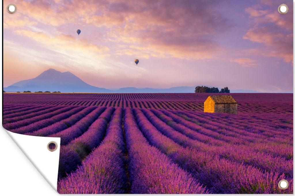 MuchoWow 90x60 cm Outdoor-Poster Gartendeko Sichtschutz Garten Poster für den Garten Lavendel - Heißluftballon - Berg - Lila