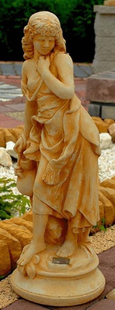 Casa Padrino Jugendstil Gartendeko Skulptur / Statue Mädchen mit einem kleinen Krug Beige 26 x 23 x H. 67 cm - Steinfigur Gartenskulptur