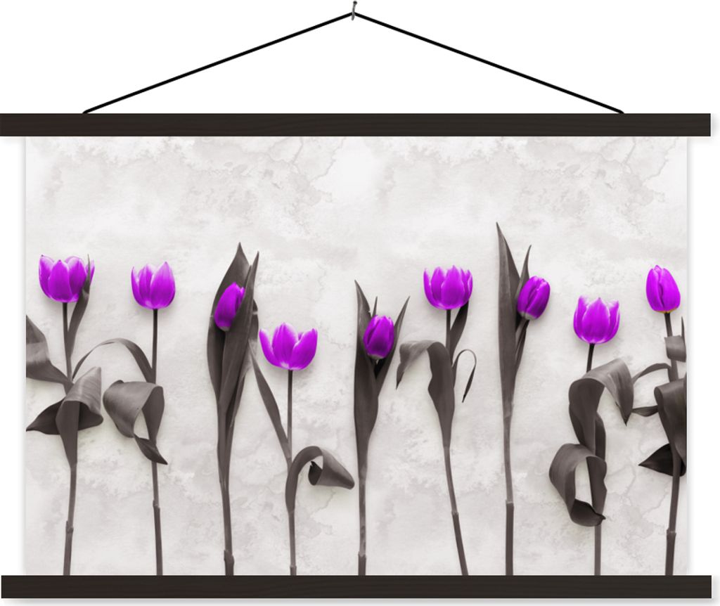 MuchoWow Textilposter Blumen - Tulpen - Lila 90x60 cm mit schwarzem Rahmen - Aufhängungssatz
