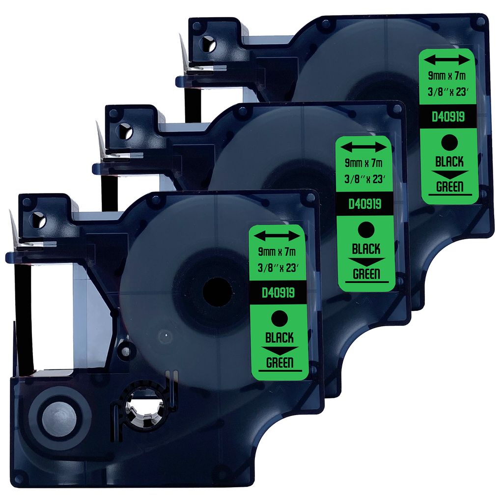 DULA Etikettenband - Kompatibel mit Dymo D1 40919 - 3 Stück - Schwarz auf grün - 9mm x 7m