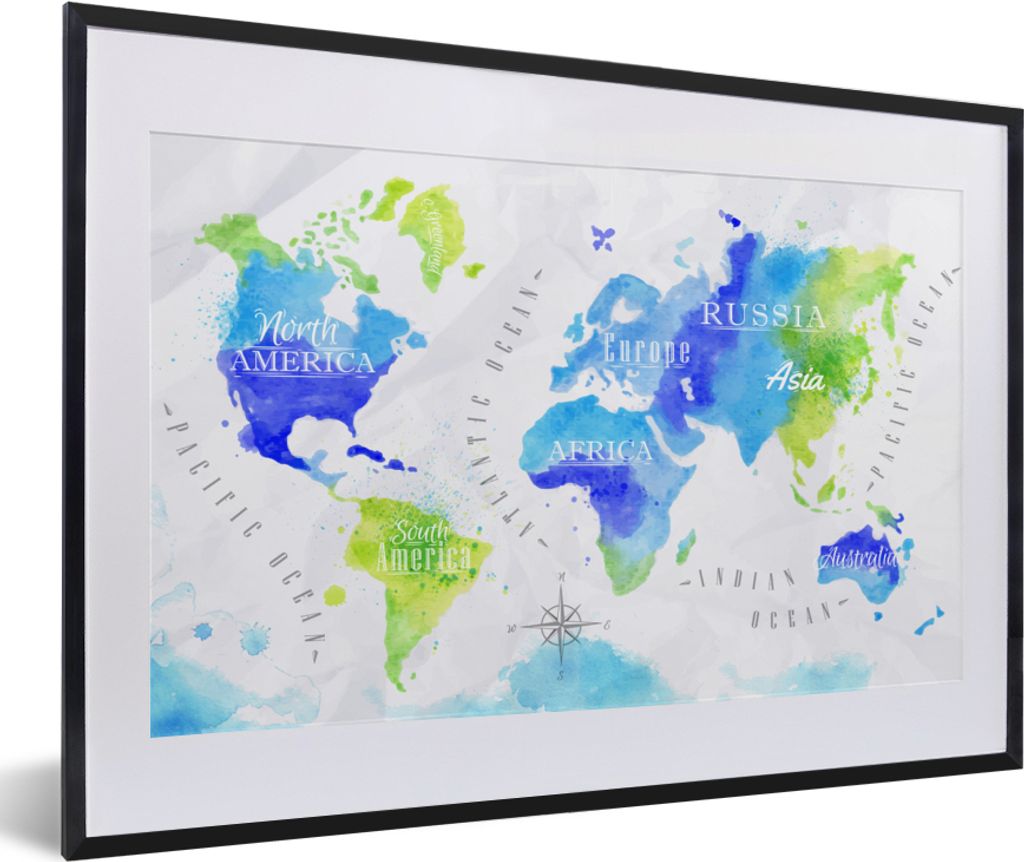 MuchoWow MuchoWow Gerahmtes Poster Weltkarte - Aquarell - Grün - Blau 60x40 cm - Poster mit zchwarzem Bilderrahmen - Schlafzimmer - Plakat in ...