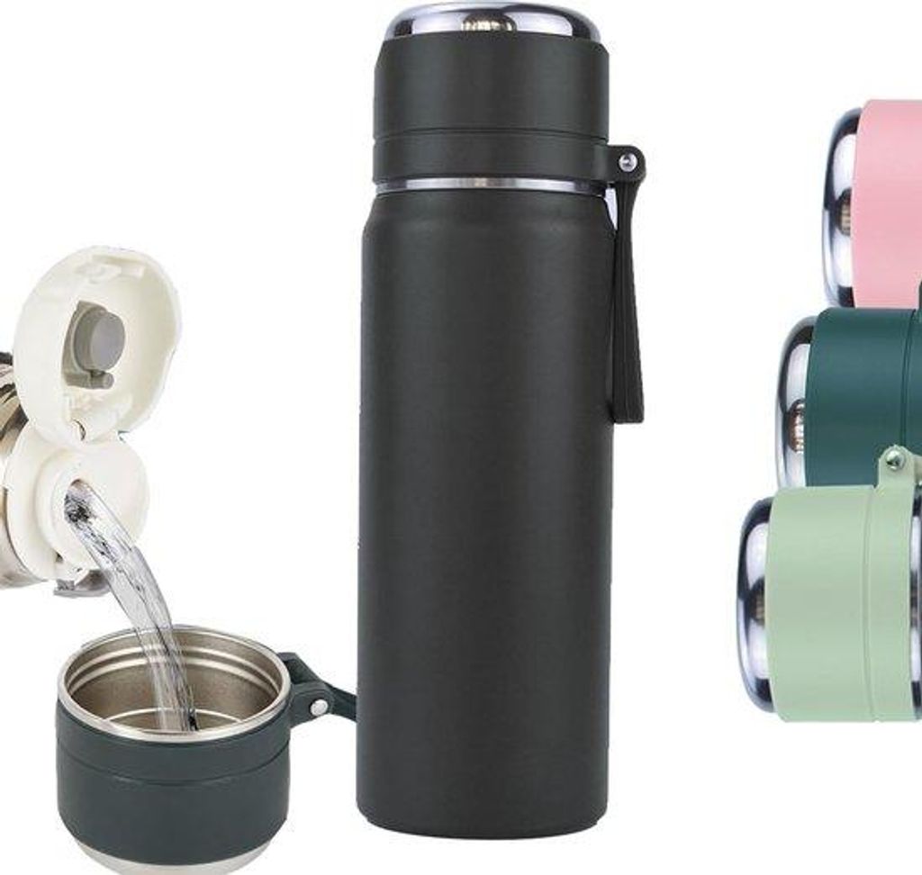 Thermoskan aus Edelstahl, 0,5 l, mit Griff und Teezitter, Trinkflasche für Kaffee und Tee, Fahrrad-Drinkflasche für Kinder und Erwachsene, schwarz