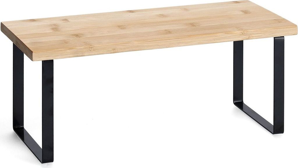 A simple shelf with a bamboo top and black metal legs, isolated on a white background.